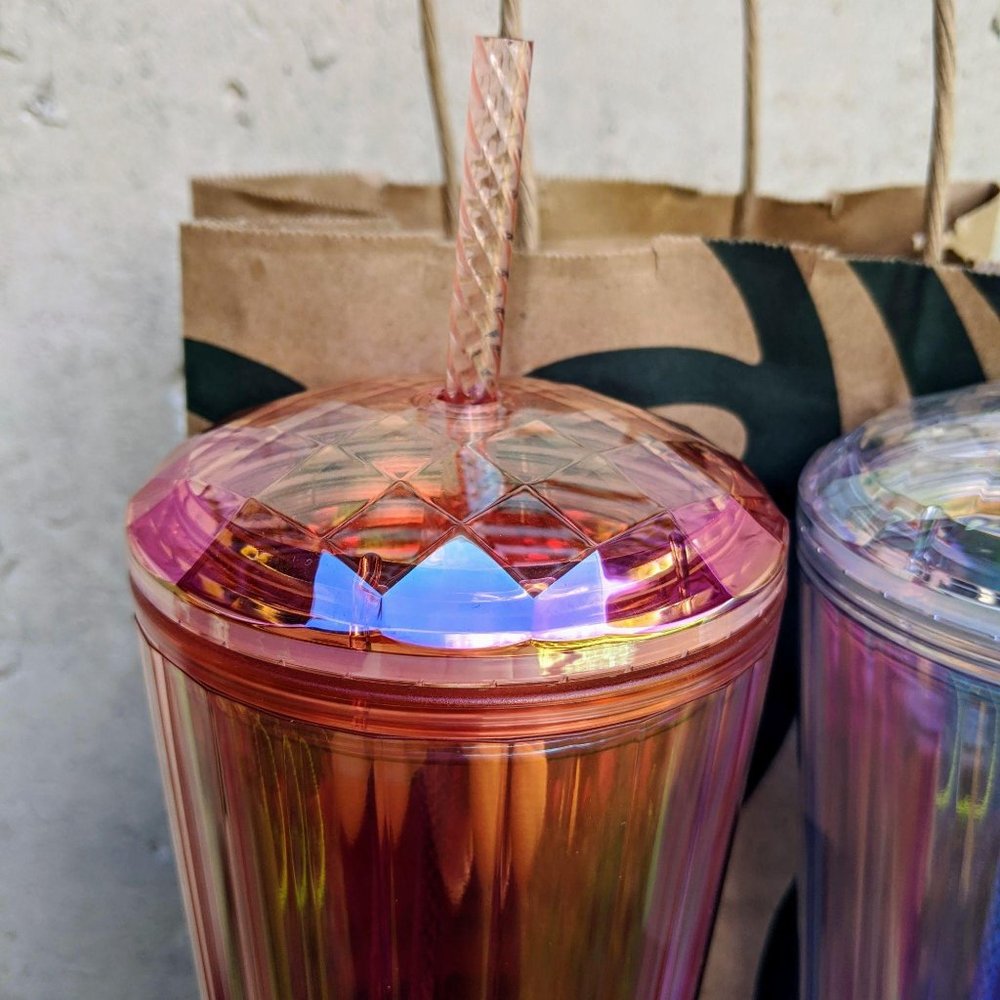 2 Starbucks Iridescent Diamond Tumbler Rose Clear - Picture 4 of 9